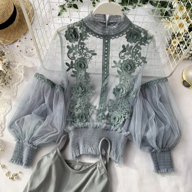 Women Tops Sheer Lace Blouse Lantern Sleeve 3D Floral Blouses Shirts Elegant Top-- Collared Crew Neck Turtle Neck Women Tops Sheer Lace Blouse Lantern Sleeve 3D Floral Blouses Shirts Elegant Top-- Collared Crew Neck Turtle Neck