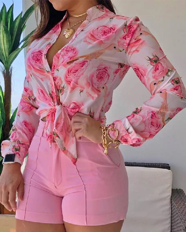 Women Long Sleeve Floral Printed Tie Knot Top Blouse Casual Spring Shirts Female-- Nylon Fabric Polyester Fabric Spandex Fabric Women Long Sleeve Floral Printed Tie Knot Top Blouse Casual Spring Shirts Female-- Nylon Fabric Polyester Fabric Spandex Fabric