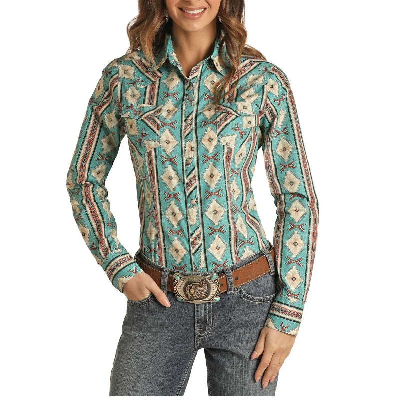 Rock & Roll Cowgirl Ladies Turquoise Aztec Print Snap Shirt B4S1313-22-- Front Pockets Side Pockets Patch Pockets Rock & Roll Cowgirl Ladies Turquoise Aztec Print Snap Shirt B4S1313-22-- Front Pockets Side Pockets Patch Pockets