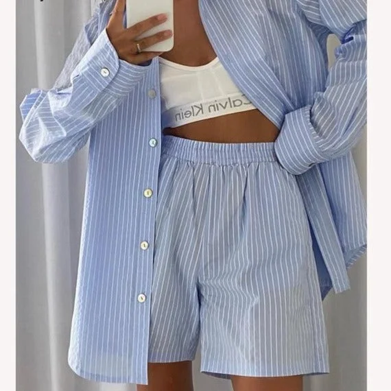 Loung Wear Tracksuit Women Shorts Set Stripe Long Sleeve Shirt Tops And Loose High Waisted Mini Shorts Two Piece Set 2021-- Ribbed Striped Patterned Loung Wear Tracksuit Women Shorts Set Stripe Long Sleeve Shirt Tops And Loose High Waisted Mini Shorts Two Piece Set 2021-- Ribbed Striped Patterned