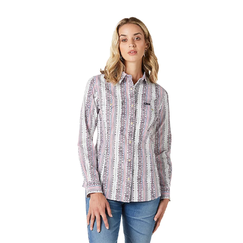Wrangler Ladies Retro Americana White & Lilac Button Down Shirt 2336506-- Silk Blend Satin Velvet Wrangler Ladies Retro Americana White & Lilac Button Down Shirt 2336506-- Silk Blend Satin Velvet
