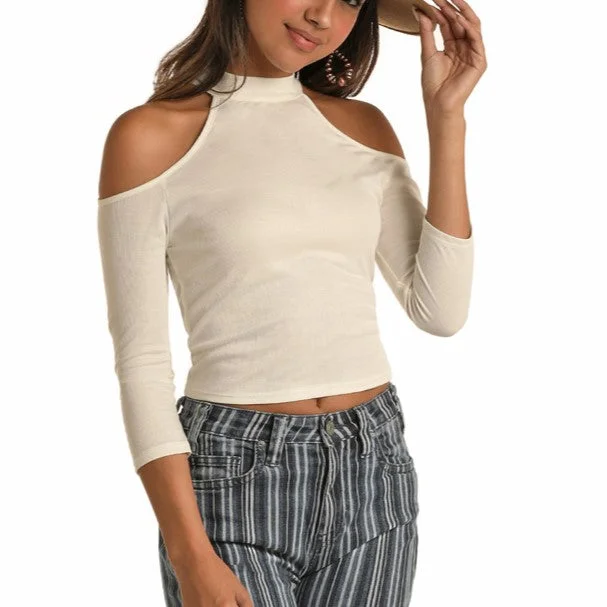 Rock & Roll Cowgirl Ladies Off Shoulder White 3/4 Sleeves Shirt 47-6297-- Notch Collar Peter Pan Collar Cowl Neck Rock & Roll Cowgirl Ladies Off Shoulder White 3/4 Sleeves Shirt 47-6297-- Notch Collar Peter Pan Collar Cowl Neck