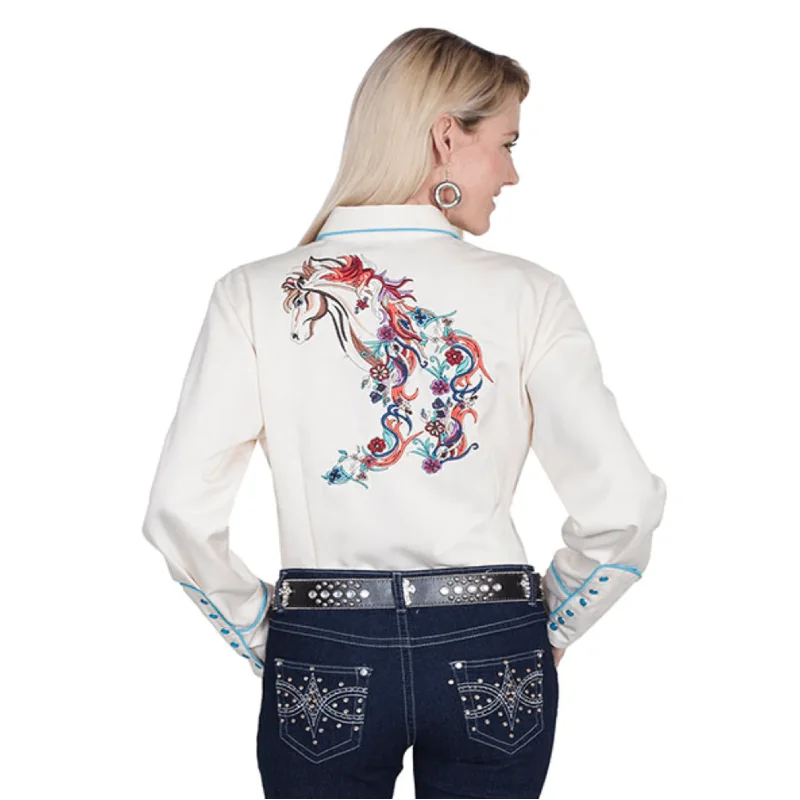 Scully® Ladies Cream Colorful Embroidery Horse Button Up Shirt PL-856C-- Polka Dot Checkered Tartan Scully® Ladies Cream Colorful Embroidery Horse Button Up Shirt PL-856C-- Polka Dot Checkered Tartan