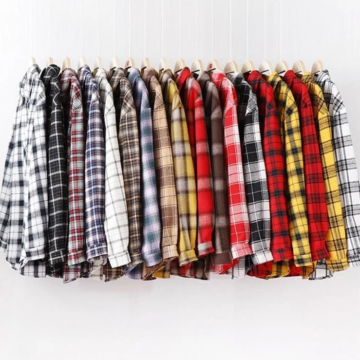 Women Plaid Shirt Chic Checked Blouse Long Sleeve Female Casual Print Shirts Loose Cotton Tops-- Knit Fabric Woven Fabric Fleece Fabric Women Plaid Shirt Chic Checked Blouse Long Sleeve Female Casual Print Shirts Loose Cotton Tops-- Knit Fabric Woven Fabric Fleece Fabric