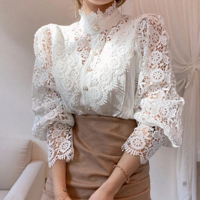 Petal Sleeve Stand Collar Hollow Out Flower Lace Patchwork Shirt Femme Blusas All-match Women Blouse Chic Button White Top 12419-- Chenille Fabric Brocade Fabric Lace Fabric Petal Sleeve Stand Collar Hollow Out Flower Lace Patchwork Shirt Femme Blusas All-match Women Blouse Chic Button White Top 12419-- Chenille Fabric Brocade Fabric Lace Fabric