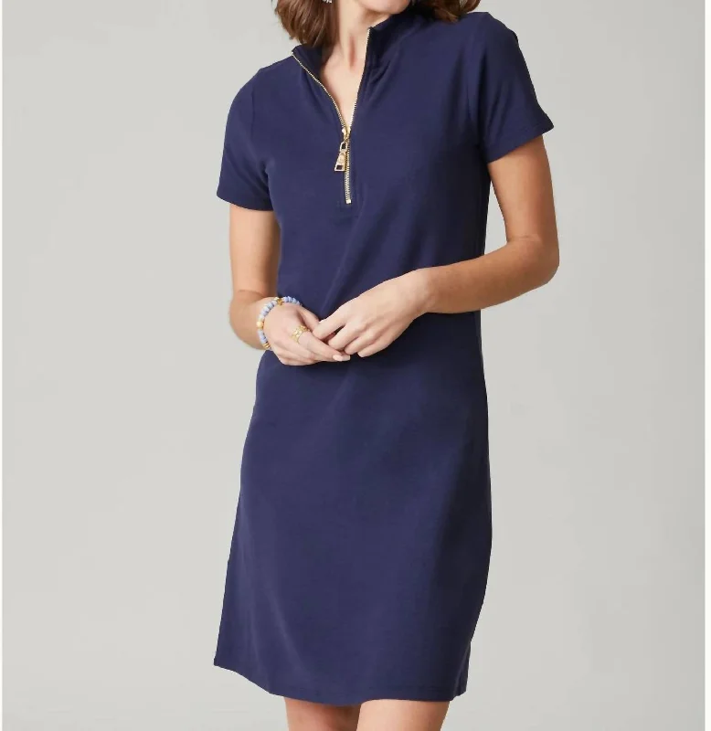 Short Sleeve Serena Pique Dress In Navy Tunics Evening elegant