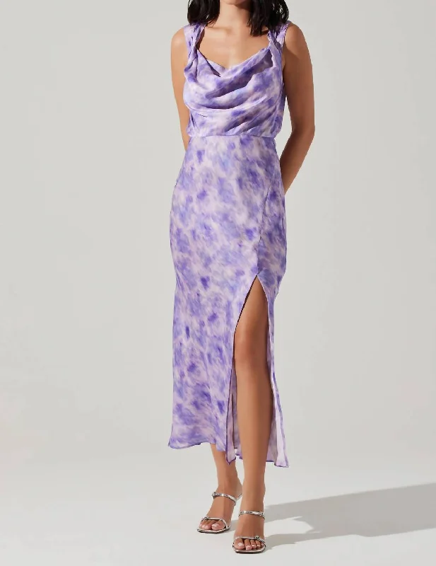 Elin Dress In Purple Abstract Turtleneck Neckline Stylish