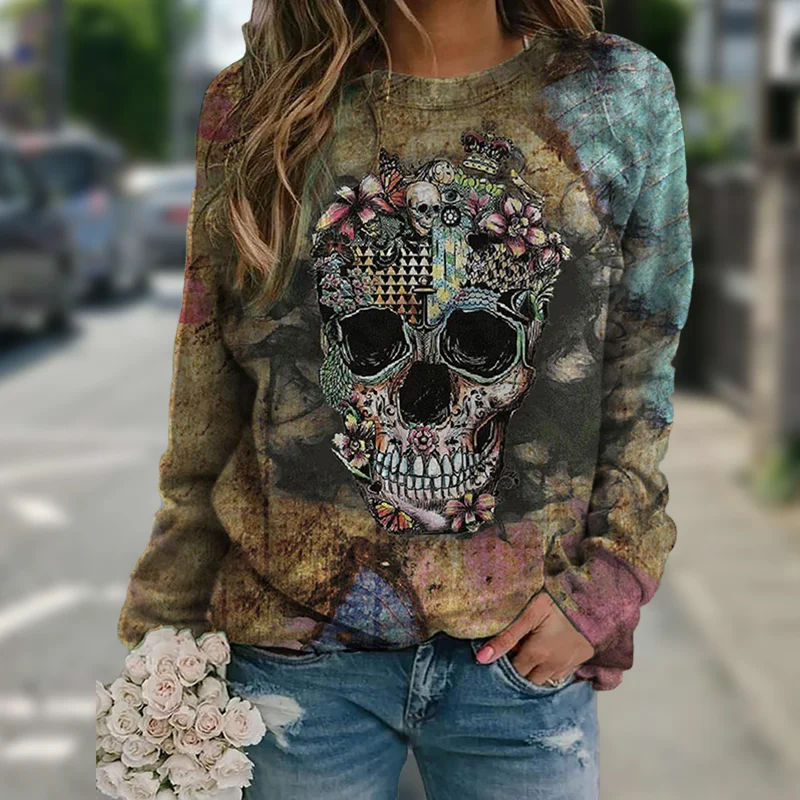 Long sleeve skull print sweatshirt Hoodie with Fur Luxurious Winter