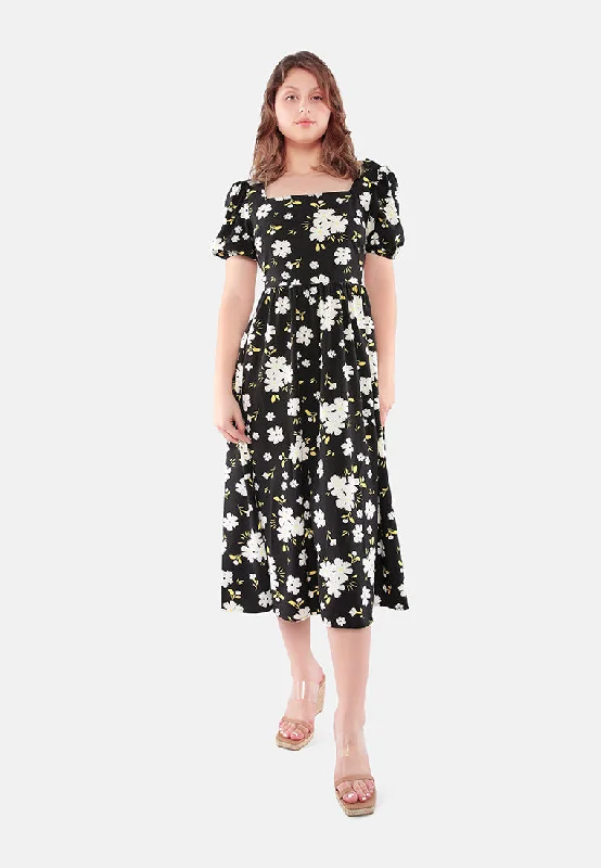 Floral Puff Sleeves Open Back Dress Tunics Formal black