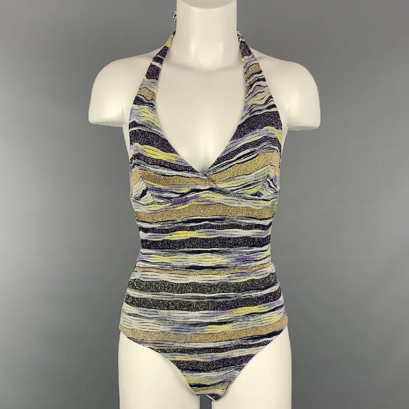 MISSONI Mare Size 6 Purple & Gold Knitted Stripe Cotton Blend One Piece Swimsuit Timeless Black Bikini