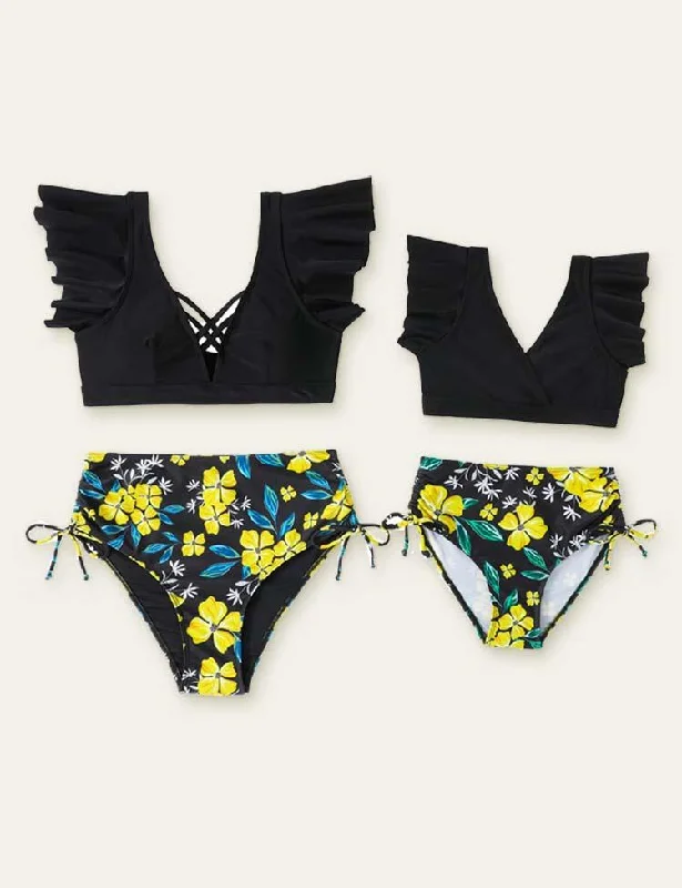 Floral Printed Family Matching Swimsuit Color-Block Bikini