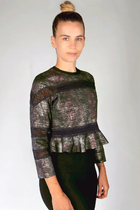 Reversible Cropped Sweatshirt with Frill Hem Grey-Snakeskin Hoodie with Toggle Buttons Decorative Unique
