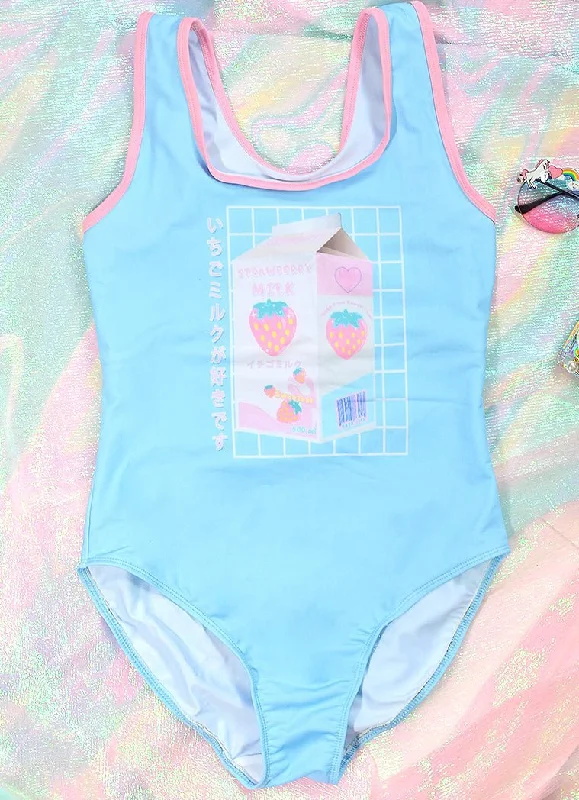 Blue Strawberry Milk Graphic Print One Piece Swimsuit Quick-Dry Swimsuit