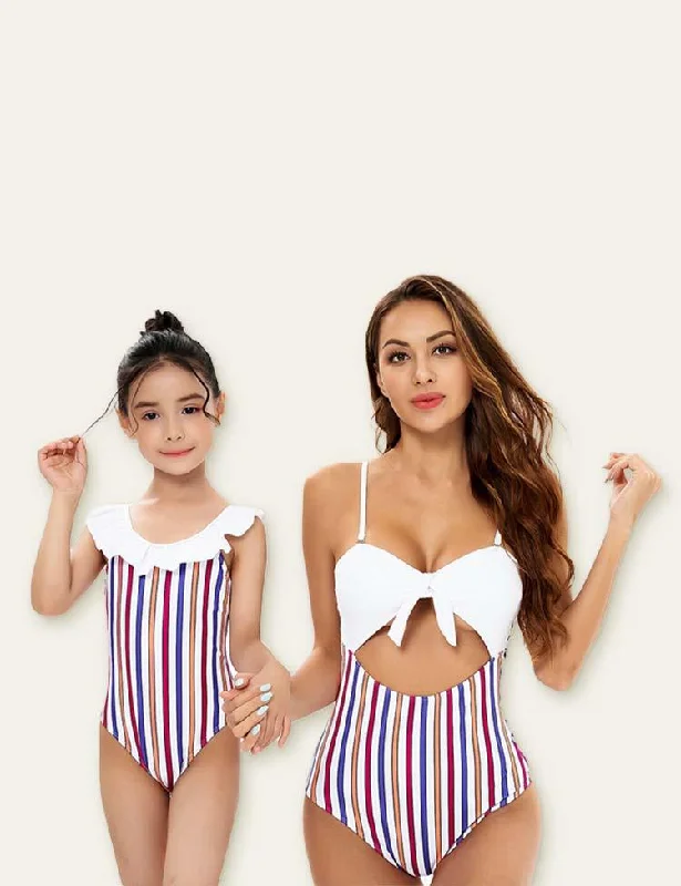 Striped Printed Family Matching Swimsuit High-Cut One-Piece