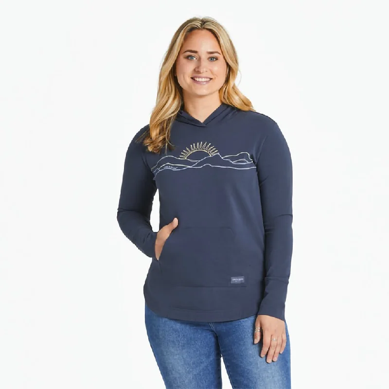 Life Is Good : Women's Freehand Mountain Sun Crusher-FLEX Hoodie Tunic in Inkwell Blu Hoodie with Rhinestones Sparkly Elegant Life Is Good : Women's Freehand Mountain Sun Crusher-FLEX Hoodie Tunic in Inkwell Blu Hoodie with Rhinestones Sparkly Elegant