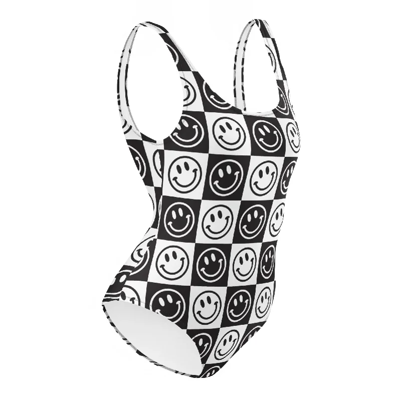 B&W Checker Smile One-Piece Swimsuit Strap Bikini Set