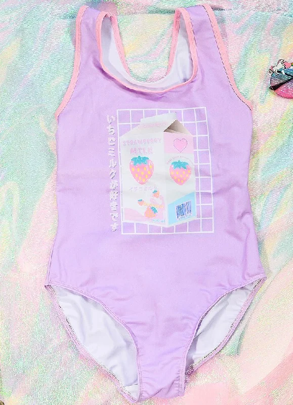 Lilac Strawberry Milk Graphic Print One Piece Swimsuit Comfortable Swim Dress