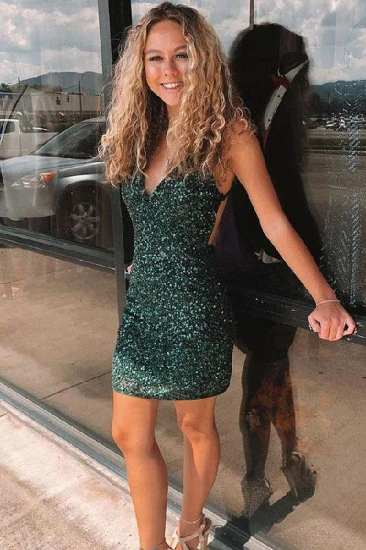 Sheath Dark Green Sequins Mini Homecoming Dress, Sexy V Neck Cocktail Party Dress DM1049 Tunics Satin smooth