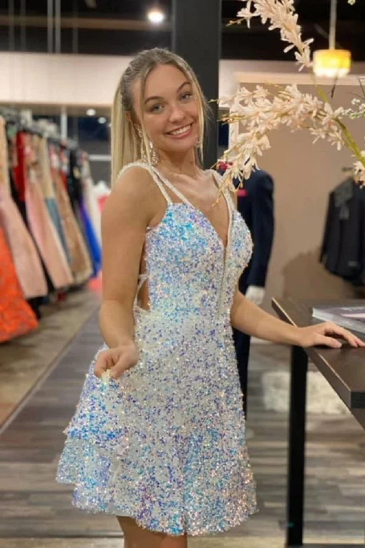 A-line White and Blue Sequined Party Dresses V Neck Short Homecoming Dress DMHD7 Glittery Long Formal A-line White and Blue Sequined Party Dresses V Neck Short Homecoming Dress DMHD7 Glittery Long Formal