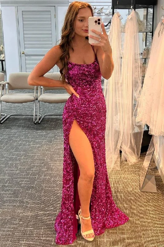 Fuchsia Sequins Mermaid Sheath Prom Dress Long Shiny Evening Party Dresses DMP124 Crew Neckline Sporty Fuchsia Sequins Mermaid Sheath Prom Dress Long Shiny Evening Party Dresses DMP124 Crew Neckline Sporty