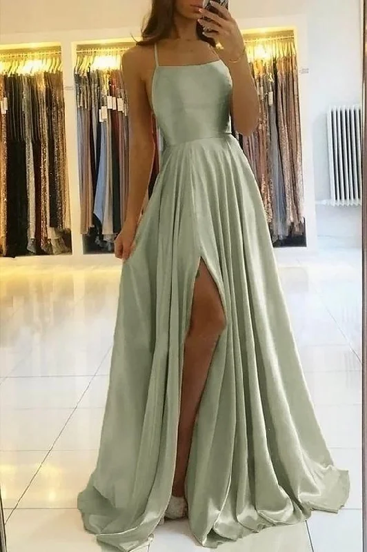 Fashion A Line Sage Green Long Prom Dresses With Slit Formal Evening Party Dress DMP123 Crew Neckline Casual Fashion A Line Sage Green Long Prom Dresses With Slit Formal Evening Party Dress DMP123 Crew Neckline Casual