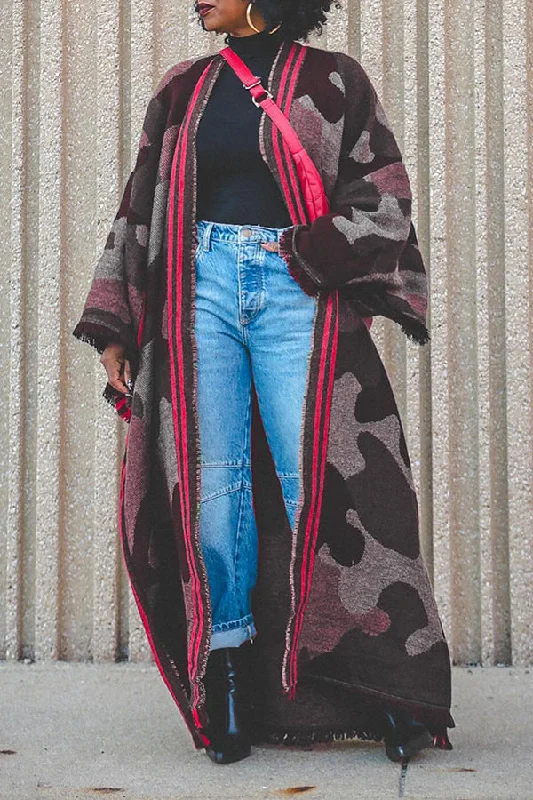Stylish Camo Oversize Raw Trim Cardigan Elasticated Padded Insulated