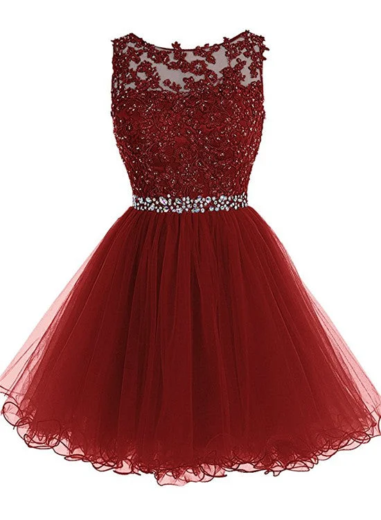Wine Red Tulle Homecoming Dresses, Short Prom Dresses , Party Dresses Peplum Ruffle Cocktail