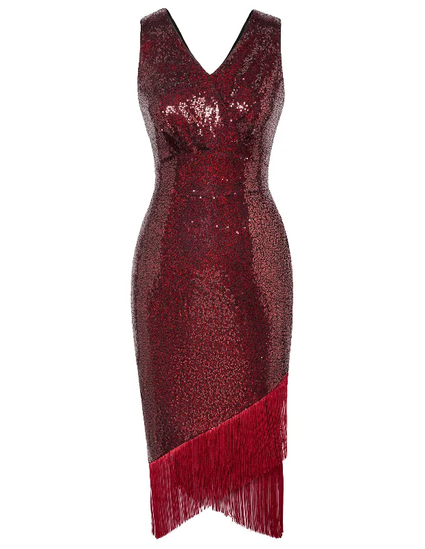 Seckill Offer⌛Sequined Sleeveless V-Neck Tassel Decorated Wrap Hem Party Dress Cowl Neckline Elegant Seckill Offer⌛Sequined Sleeveless V-Neck Tassel Decorated Wrap Hem Party Dress Cowl Neckline Elegant