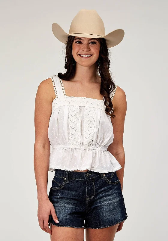 Roper Womens 2015 Swiss Dot White 100% Cotton S/L Tank Top crew neck tank