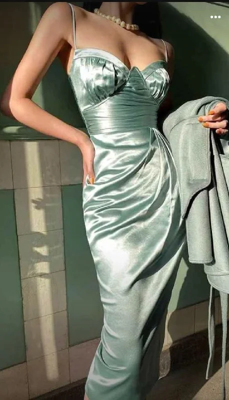 Simple Green Spaghetti Straps Satin Long Party Dress Evening Dress cc2879 sweetheart Neckline Romantic