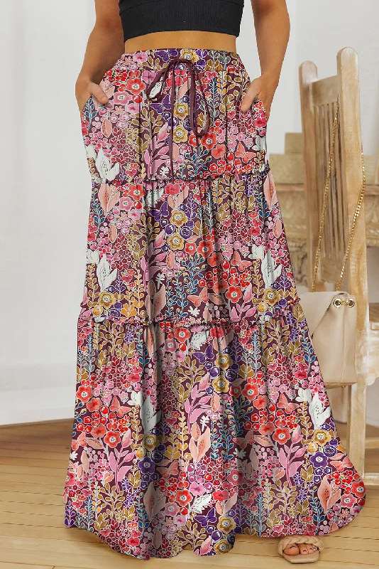 Yuri Floral Frill Trim Tiered Maxi Skirt high waist skirt