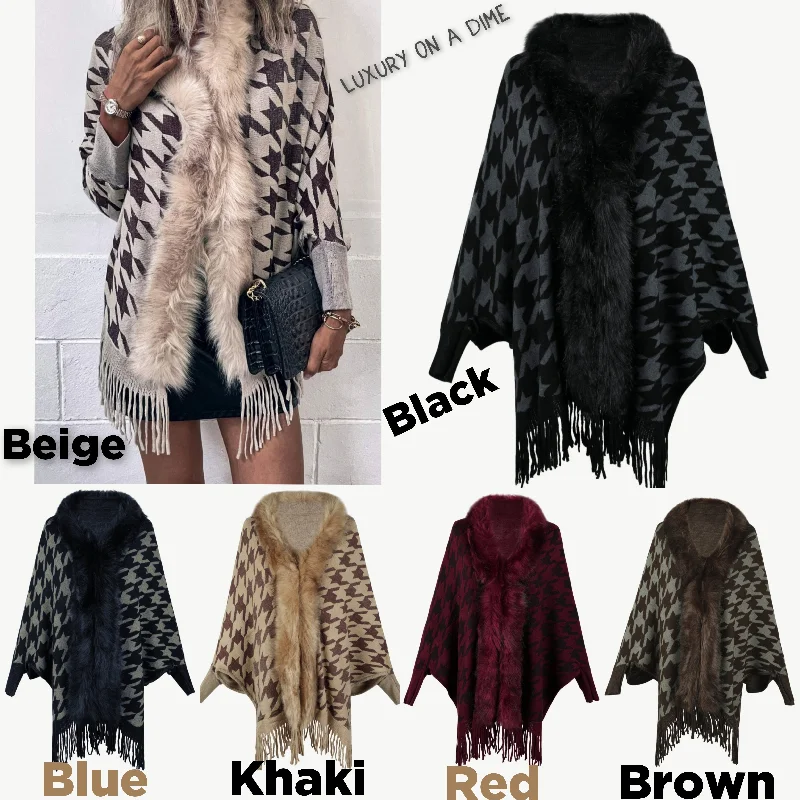 Faux Fur Retro Fringe Hem Oversized Houndstooth Knit Cardigan Poncho Lightweight Heavyweight Midweight Faux Fur Retro Fringe Hem Oversized Houndstooth Knit Cardigan Poncho Lightweight Heavyweight Midweight