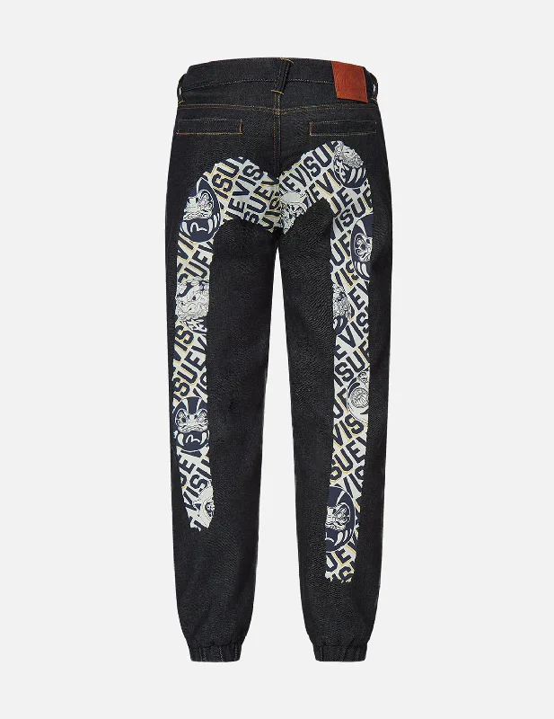 Daruma Buddies Daicock Print Denim Jogger Pants Trendy Work Pants
