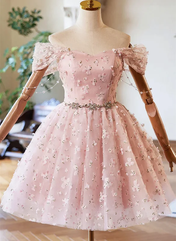Pink Off Shoulder Knee Length Party Dress, Pink Homecoming Dress A-Line Day Work