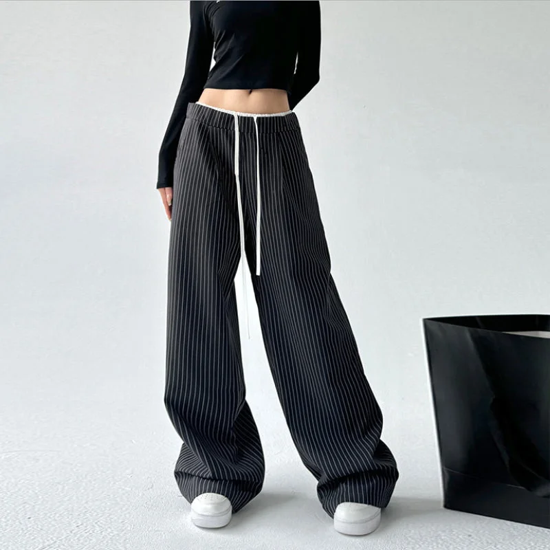Retro Stitching Double Waist Striped Casual Pants Comfy Zip-Up Pants