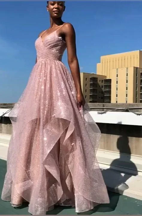 Spaghetti Straps Ruffled Sparkly A Line Pink Long Prom Dress Evening Party Dresses DM1062 Tunics Mesh breathable Spaghetti Straps Ruffled Sparkly A Line Pink Long Prom Dress Evening Party Dresses DM1062 Tunics Mesh breathable