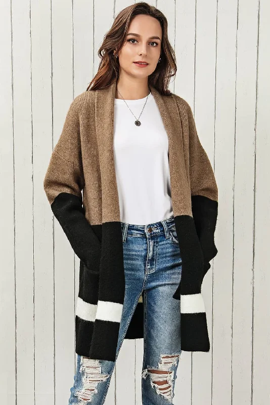 Color Block Dropped Shoulder Longline Cardigan Glossy Satin Silk