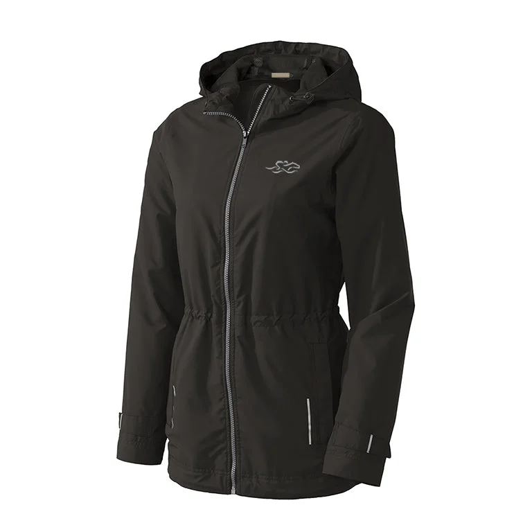 Stylish Womens Waterproof Cinched Waist Jacket- Black Front Pockets Side Pockets Patch Pockets Stylish Womens Waterproof Cinched Waist Jacket- Black Front Pockets Side Pockets Patch Pockets