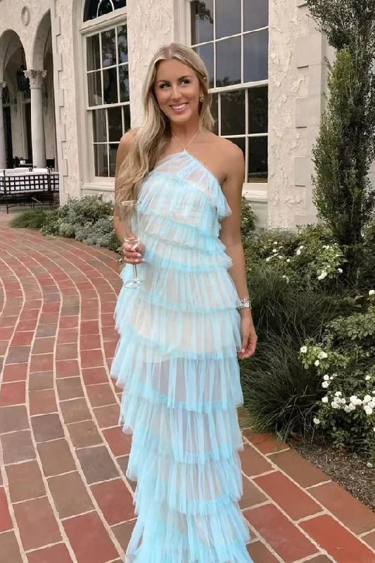 New Style Halter Ruffles Tulle Prom Dresses With Slit, Long Backless Party Dress DMP116 sweetheart Neckline Romantic New Style Halter Ruffles Tulle Prom Dresses With Slit, Long Backless Party Dress DMP116 sweetheart Neckline Romantic