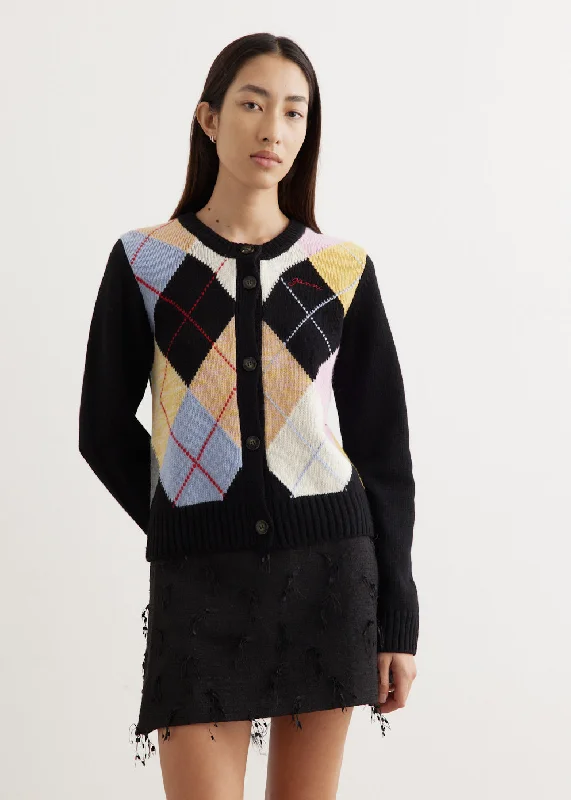 Harlequin Wool Mix Knit Cardigan Polka Dot Checkered Tartan