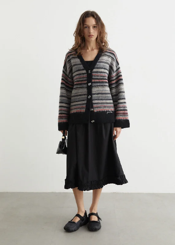 Soft Wool Stripe Boxy Cardigan Hooded Caped Shawl Collar