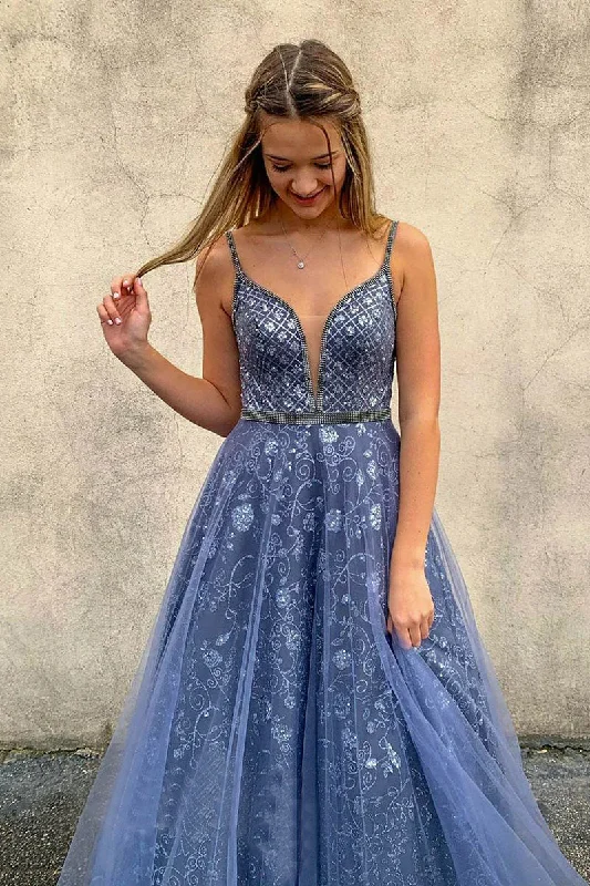 A Line V Neck Spaghetti Straps Blue Tulle Prom Dress Evening Party Dress DMP148 A-Line Day Work A Line V Neck Spaghetti Straps Blue Tulle Prom Dress Evening Party Dress DMP148 A-Line Day Work