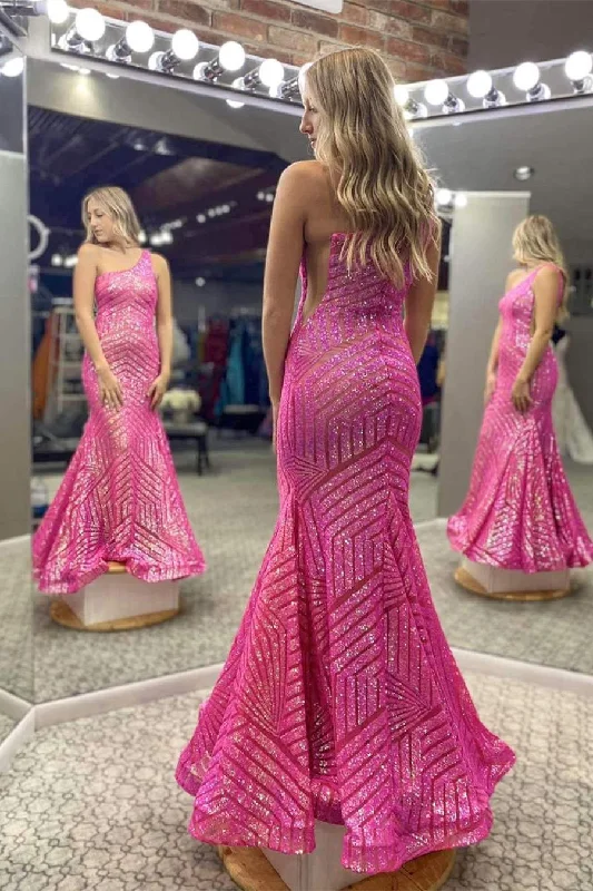 Mermaid One Shoulder Hot Pink Sequined Long Prom Dress Evening Party Dresses DMP188 Bodycon Fitted Nightout Mermaid One Shoulder Hot Pink Sequined Long Prom Dress Evening Party Dresses DMP188 Bodycon Fitted Nightout