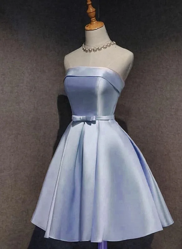 Blue Satin Knee Length Homecoming Dress, Blue Cute Short Party Dress Halter Neckline Beach