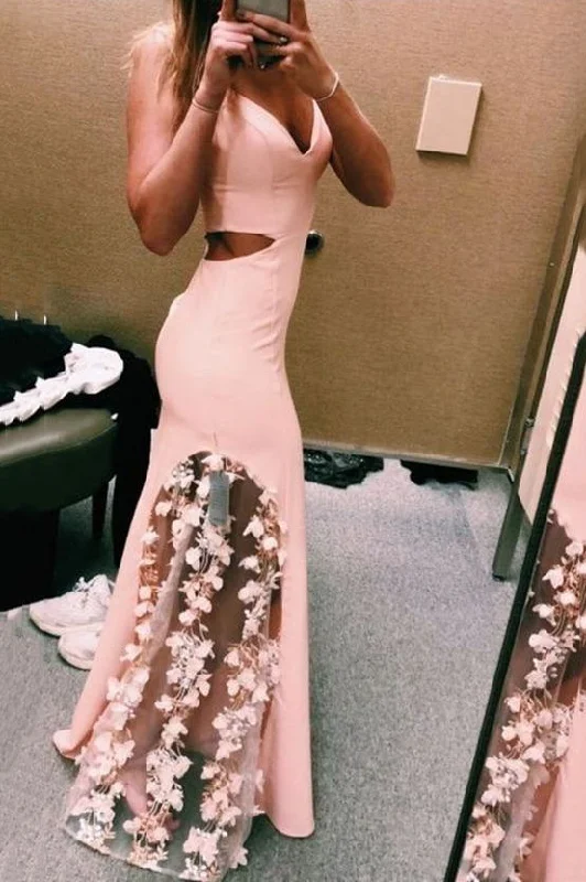 Pink Mermaid Prom Dresses with Floral Appliques, Long Pink Graduation Party Dresses DMP103 Tunics Long Elegant Pink Mermaid Prom Dresses with Floral Appliques, Long Pink Graduation Party Dresses DMP103 Tunics Long Elegant