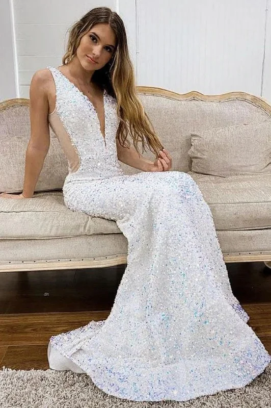 White Deep V Neck Mermaid Prom Gown, Elegant Sequined Long Party Dresses DMP157 Pencil Length Work White Deep V Neck Mermaid Prom Gown, Elegant Sequined Long Party Dresses DMP157 Pencil Length Work