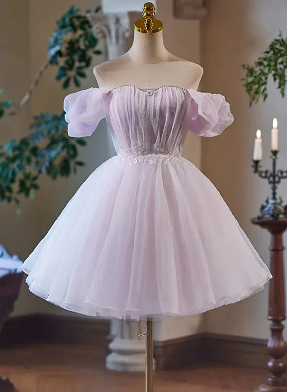 Cute Tulle Light Purple Off Shoulder Party Dress, Light Purple Homecoming Dress empire Waist empire