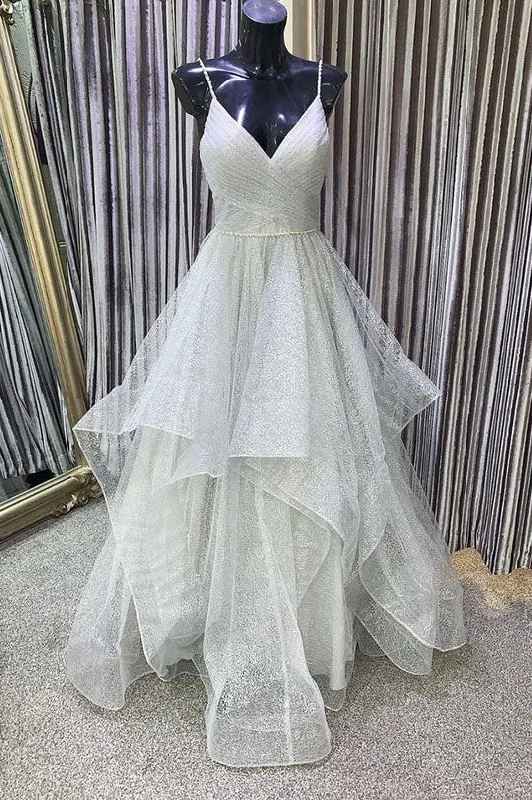 Gray V Neck A Line Tulle Sequins Ruffles Long Prom Dresses Formal Party Dress DMP081 Tunics Floral girly Gray V Neck A Line Tulle Sequins Ruffles Long Prom Dresses Formal Party Dress DMP081 Tunics Floral girly