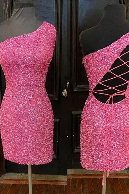 Hot Pink One Shoulder Short Homecoming Dresses Graduation Party Dresses DMHD2 Satin Halter Glamorous Hot Pink One Shoulder Short Homecoming Dresses Graduation Party Dresses DMHD2 Satin Halter Glamorous